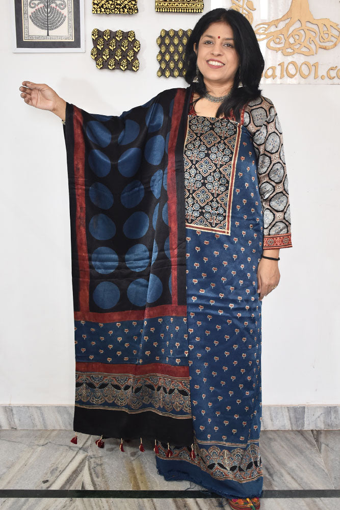 Designer Ajrakh Mashru Silk Unstitched suit with  panel / yoke design- 3 piece set