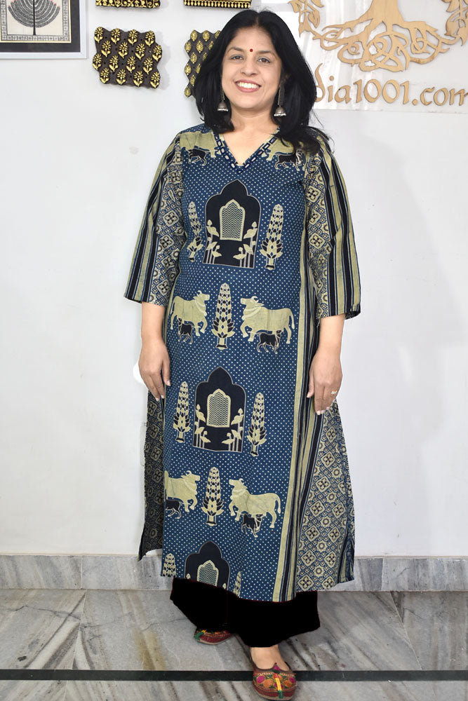 Designer Hand Block Printed Ajrakh cotton Kurta With Mirror Work - Size 38 to 46 ( all sizes)