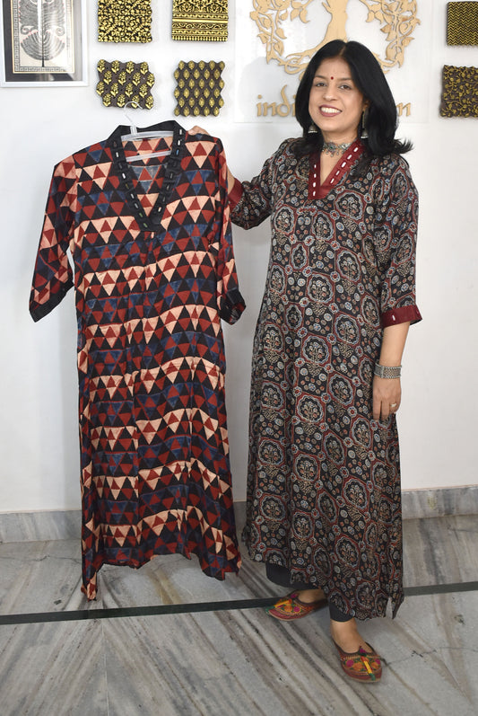 Beautiful Ajrakh Modal Silk Kurta with Kutch Mirror Work size - 38 - 44