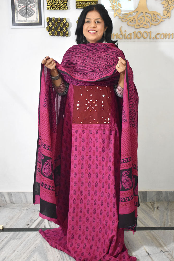 Bagh Hand Block Printed unstitched 3 pc Cotton suit fabric with Kutch Mirror Work