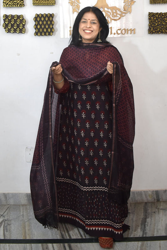 Designer Ajrakh Cotton Unstitched suit with Kota Silk Dupatta & Cotton Bottom - 3 piece set