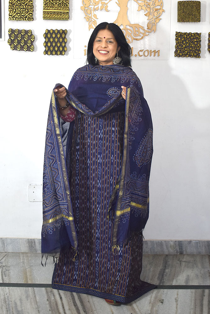 Handwoven Sambalpuri ikkat Cotton kurta with Chanderi Dupatta & Cotton Bottom - 3 pc set