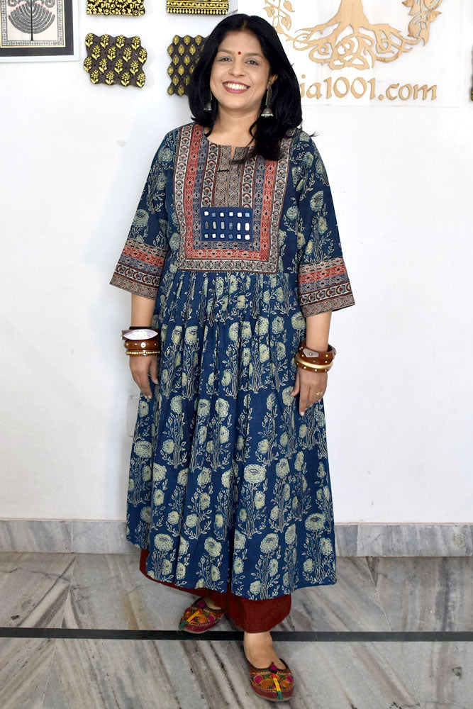 Designer Hand Block Printed Ajrakh cotton Kurta With Mirror Work - Size 38 to 46 ( all sizes)