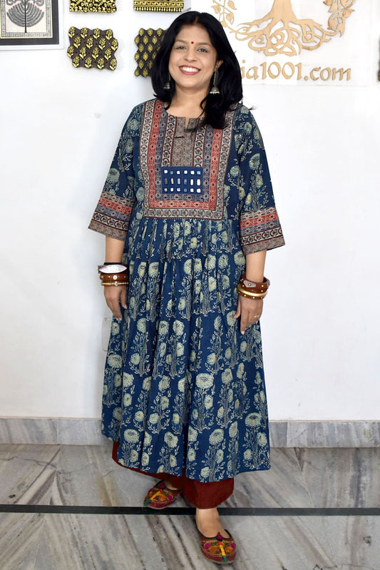Designer Hand Block Printed Ajrakh cotton Kurta With Mirror Work - Size 38 to 46 ( all sizes)
