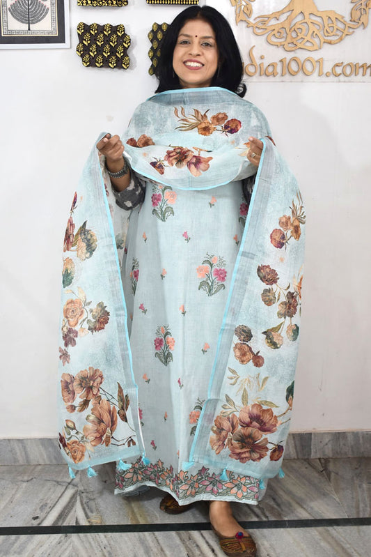 Dhairya : Beautiful Pure Linen suit with Digital print , intricate embroidery and cotton silk bottom