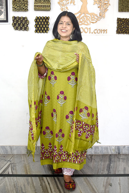 Elegant Hand Block print cotton suit with Schiffli work & Chanderi dupatta