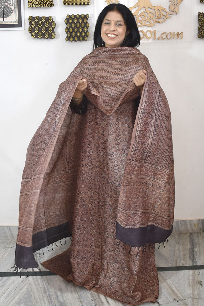 Ajrakh Hand Block printed Tussar Silk Kurta Dupatta Set