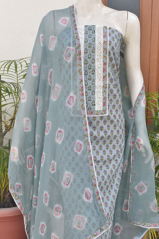 Beautiful Cotton Suit with Schiffli work Lace , Hand painted motifs & Hand Embroidery