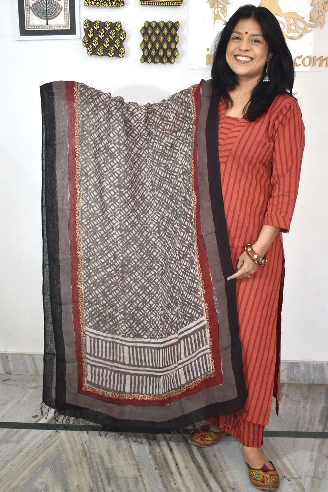 Elegant Hand Block Printed Pure Linen dupatta