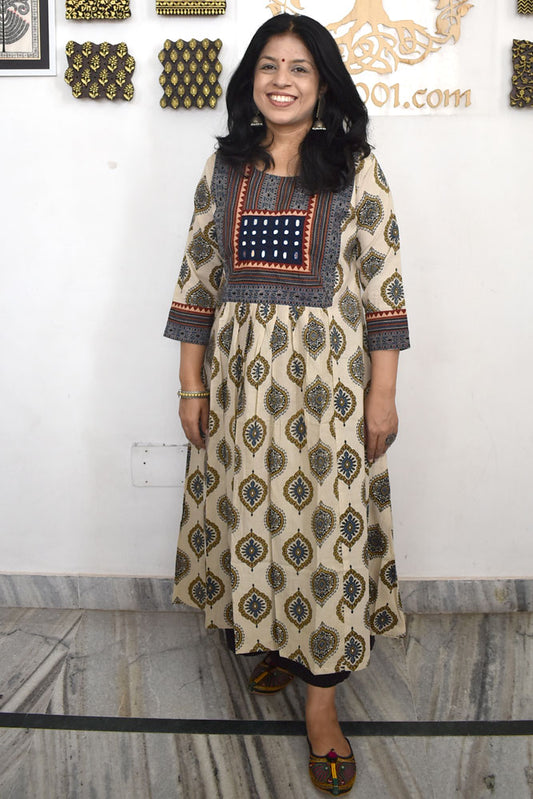Designer Hand Block Printed Ajrakh cotton Kurta With Mirror Work - Size 38 to 46 ( all sizes)