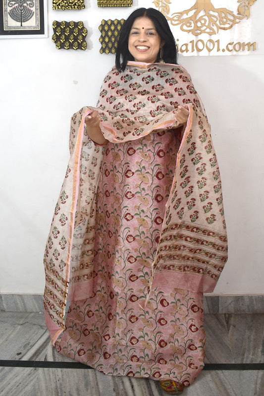 Elegant Hand Block Printed Chanderi Cotton unstitched suit fabric