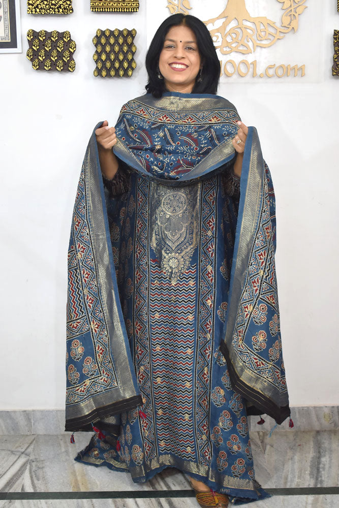 Designer Ajrakh Dola silk suit with woven bootis, neck pattern & borders - 3 pc suit