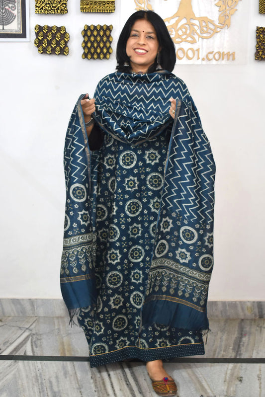 Elegant Hand Block print cotton suit with Schiffli work & Chanderi dupatta