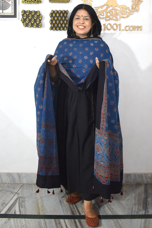 Ajrakh Hand Block Printed Cotton Dupatta with Tassels & natural dyes