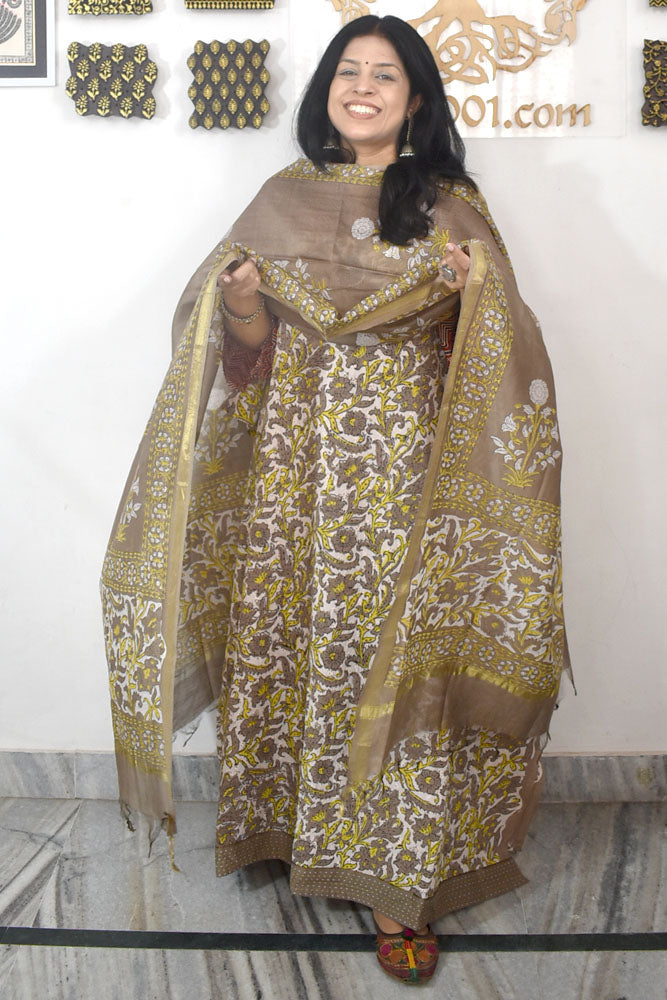 Elegant Hand Block print cotton suit with Schiffli work & Chanderi dupatta