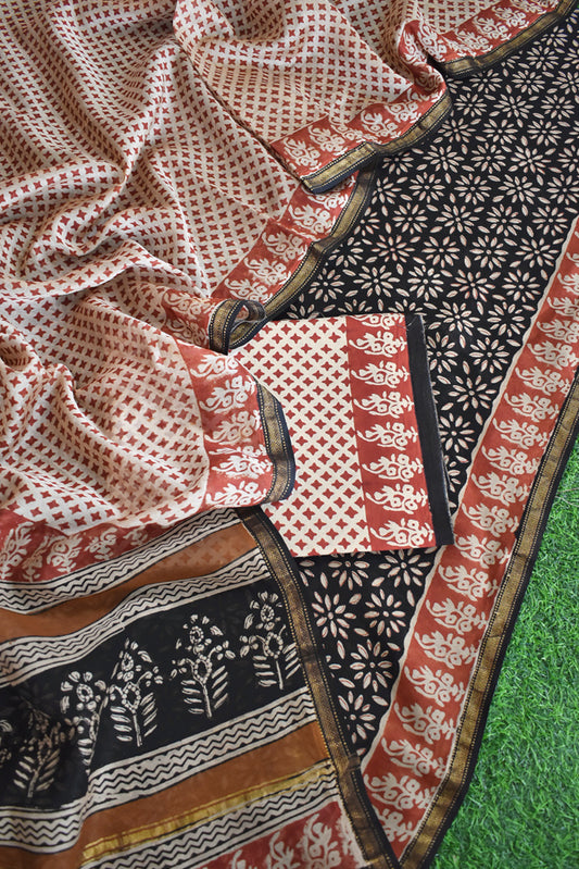 Elegant Hand Block Printed Maheshwari Unstitched suit fabric