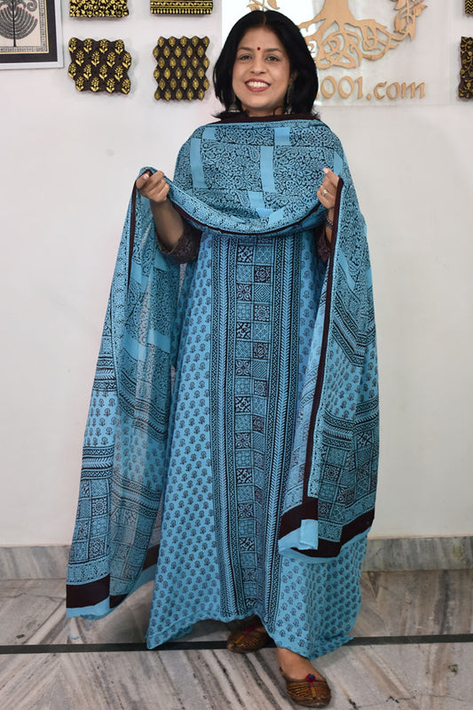 Bagh Hand Block Print Georgette Dupatta & Georgette Kurta Fabric With Cotton Bottom