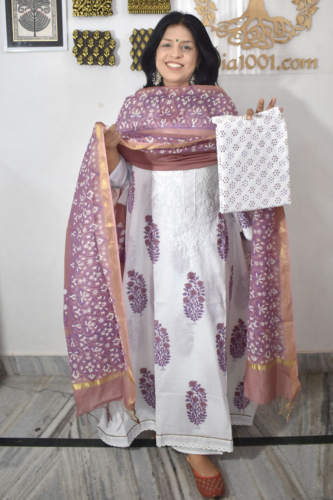 Beautiful Hand Block Printed Cotton Unstitched Suit Fabric with Embroidery & Chanderi  dupatta With Cotton bottom