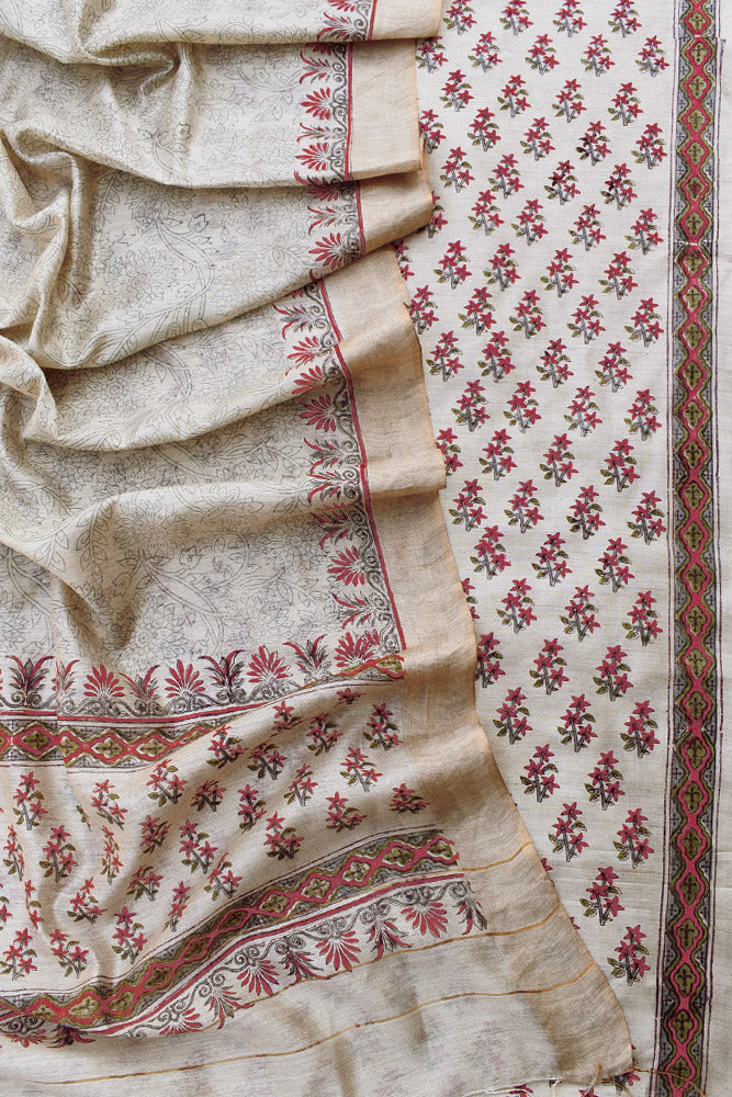 Elegant Hand Block printed Moonga Tussar Silk Kurta Dupatta Set