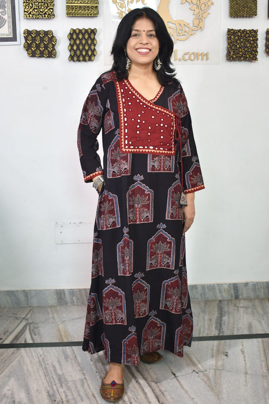 Designer Hand Block Printed Ajrakh cotton Kurta with Kutch Mirror work