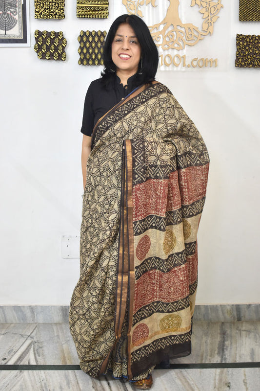 Beautiful Hand Block Printed Kota cotton Saree with zari border