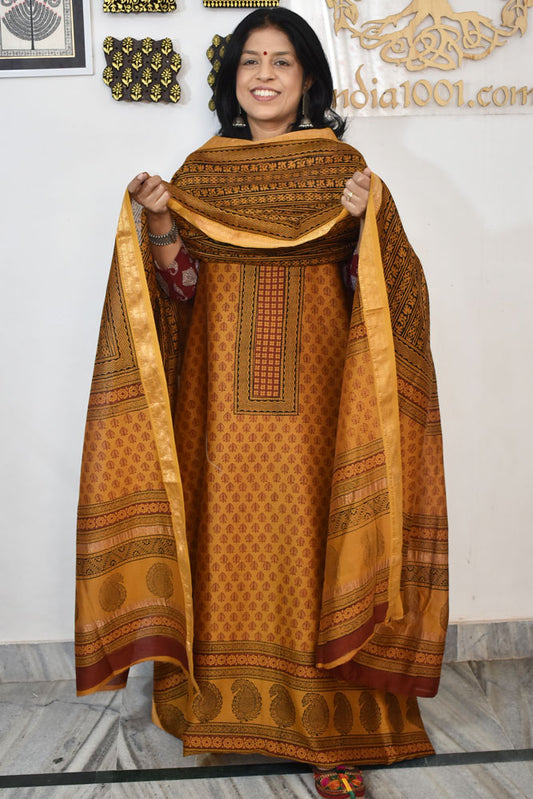 Bagh Hand Block Printed unstitched 3 pcs Handwoven Maheshwari suit fabric with Zari borders