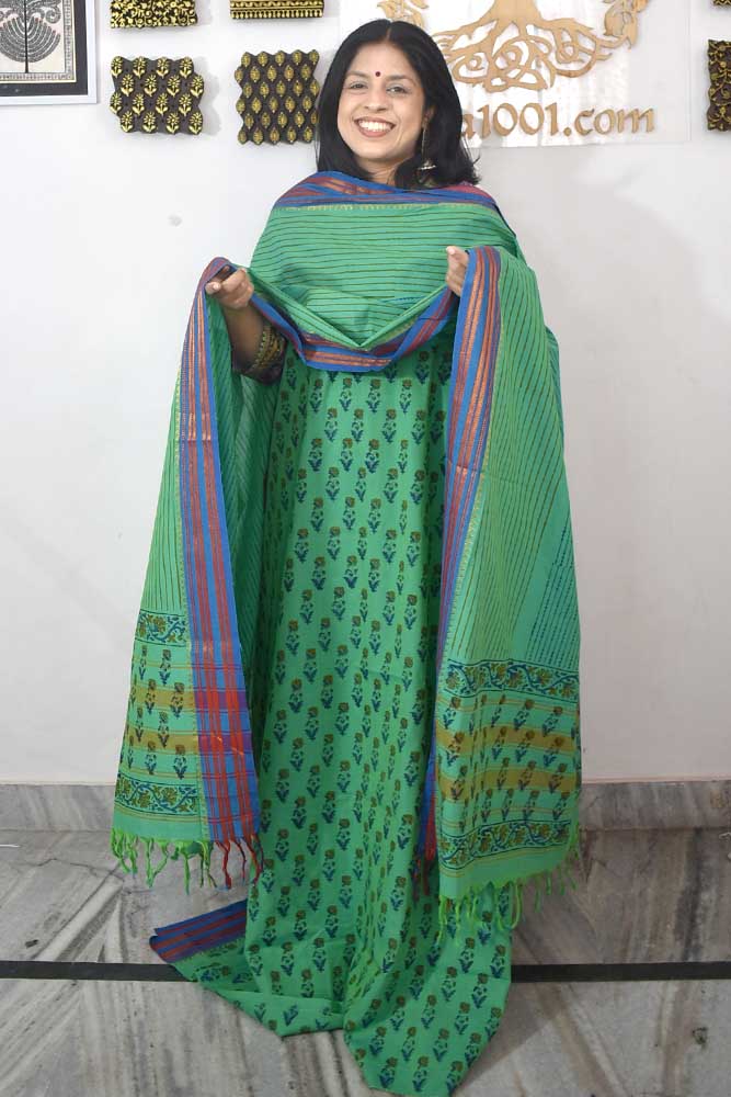 Beautiful Handwoven Chettinad & Narayanpet Cotton suit with Hand block print Dupatta