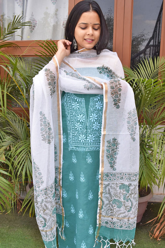 Elegant Lucknowi Hand Embroidery work  & Block print Unstitched Suit - 3 pc set