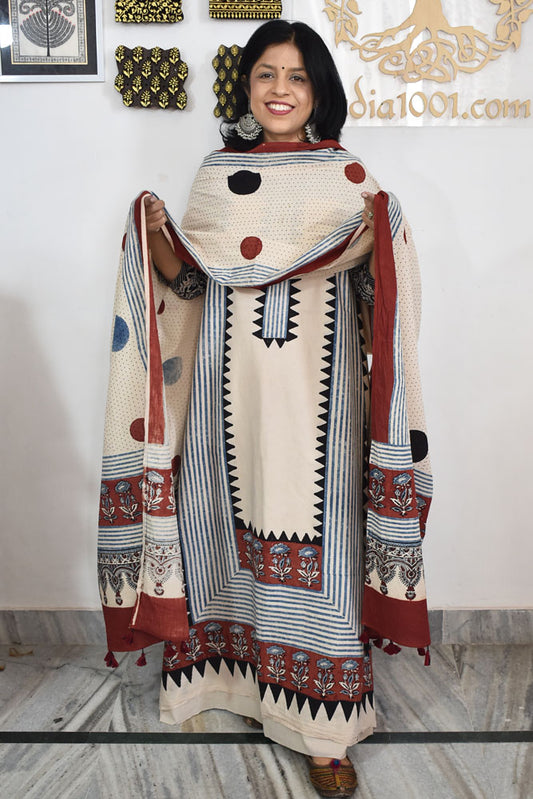 Block Print Ajrakh Cotton Suit with designer Ajrakh neck yoke /panel & Dupatta