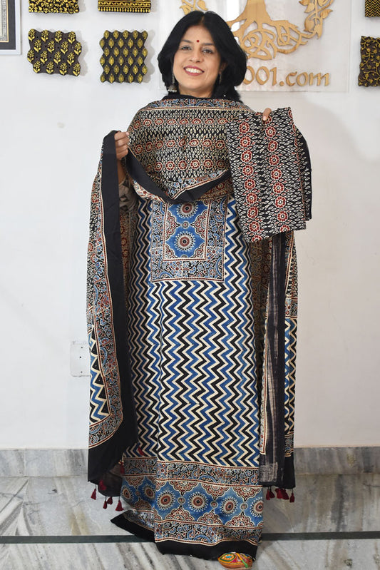 Designer Ajrakh Modal Silk Unstitched suit with  panel design, Ajrakh Dupatta & Bottom- 3 piece set