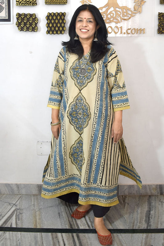 Designer Hand Block Printed Ajrakh cotton Kurta / Dress - Size 36 to 48( all sizes)