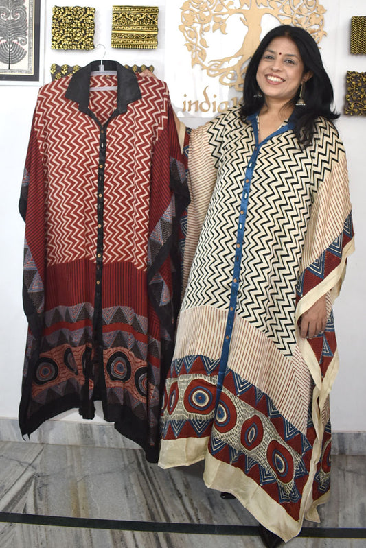 Beautiful Hand Block Printed Ajrakh Modal Silk Kaftan, Size 38 to 50