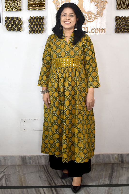 Designer Hand Block Printed Ajrakh cotton Kurta With Mirror Work - Size 38 to 48 ( all sizes)