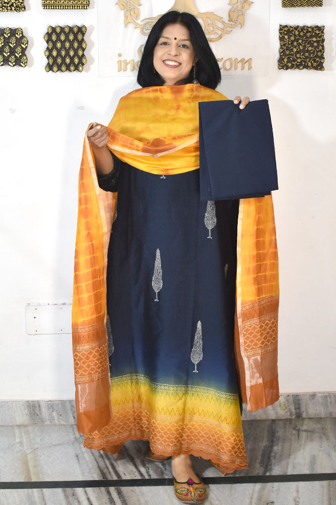 Beautiful Hand Block Printed Maheshwari Silk Cotton Unstitched suit fabric