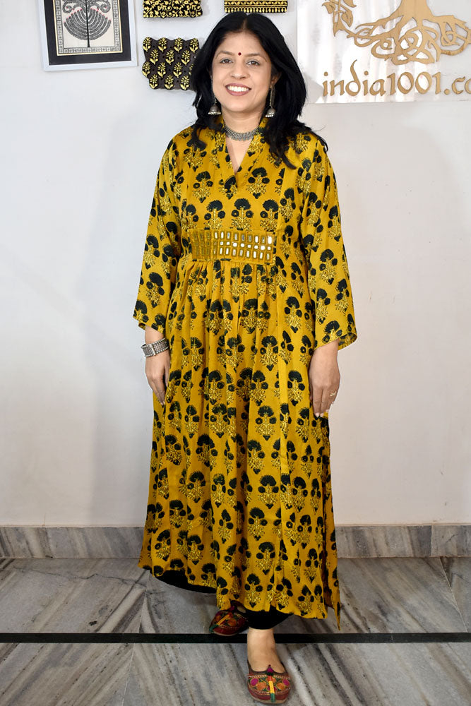 Beautiful Modal Silk Kurta with Ajrakh block print & Kutch mirror work - Size 38 - 48