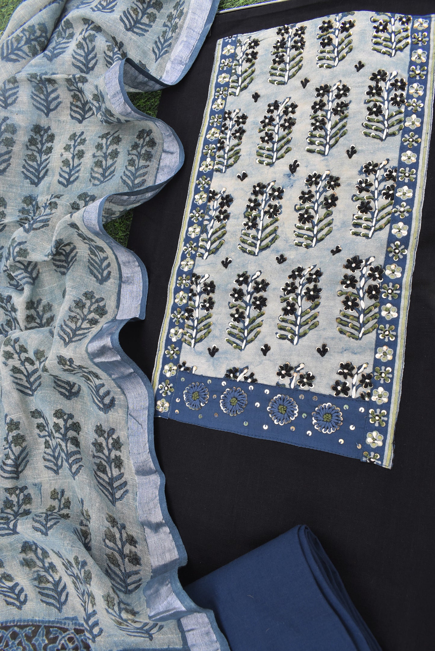Premium Cotton Unstitched Suit with Vanaspathi Ajrakh patch, Intricate Hand Embroidery & Vanaspathi Ajrakh Cotton Linen dupatta