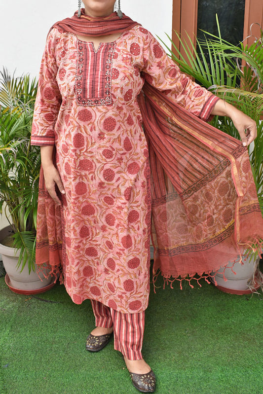 Earthy Hand Block Printed Cotton suit with Hand Embroidery - Kurta ,Kota Dupatta & Pant - size 38 to 48