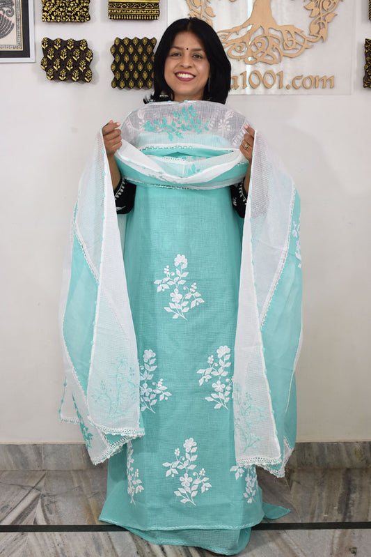 Elegant Kota Unstitched Kurta & Dupatta set with Hand done Phool patti work and Applique border