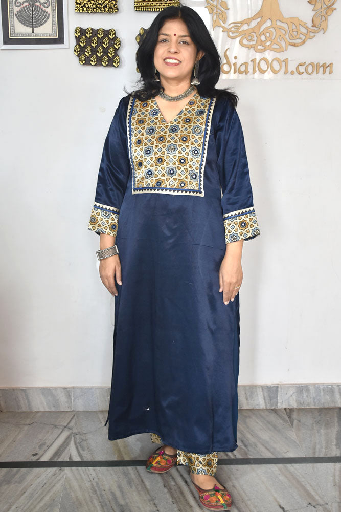 Beautiful Mashru Silk Kurta with Ajrakh patch Kutch & mirror work size with Mashru pant - 38 - 48
