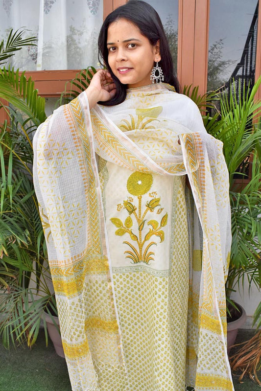 Beautiful Cotton Unstitched Suit Fabric with Embroidery, sequin & mirror work & Kota Doriacotton dupatta