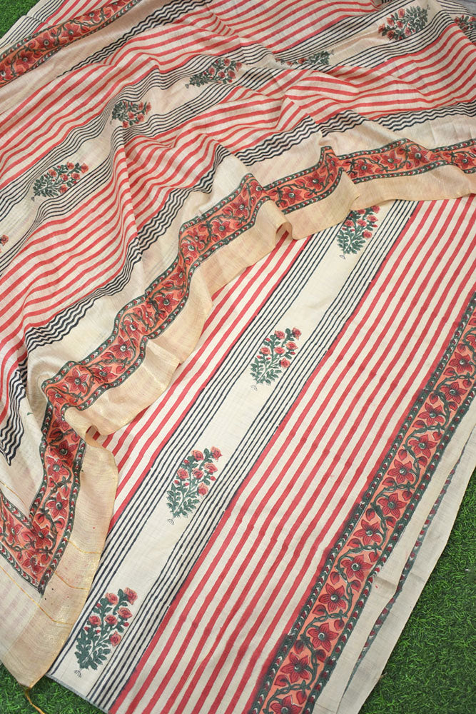 Elegant Hand Block printed Moonga Tussar Silk Kurta Dupatta Set