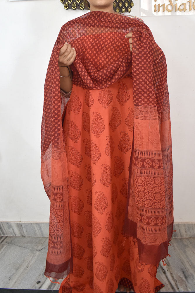 Classic Bagh Block Printed unstitched suit fabric with Kota Doria dupatta