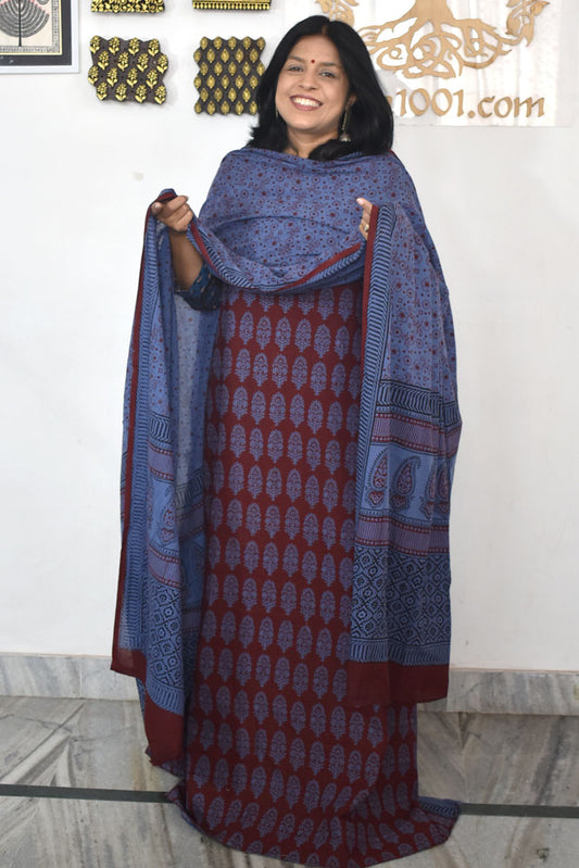 Bagh Hand Block Printed unstitched 3 pc Cotton suit fabric with block print from MP