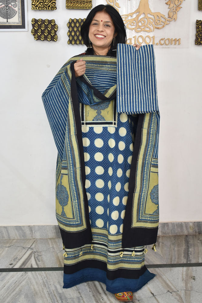 Block Print Ajrakh Cotton Suit with designer Ajrakh neck yoke /panel & Stole