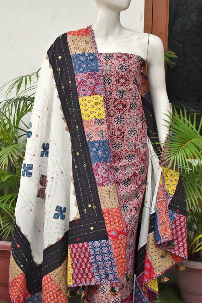 Beautiful Ajrakh Cotton Unstitched Suit with Heavy Applique, Mirror, Kantha & Patch Work dupatta with Tassels