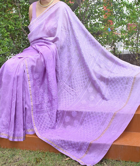 Elegant Ombre-Dyed Chanderi Silk Cotton Saree with Lucknowi Chikankari work