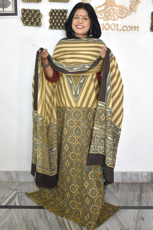 Designer Ajrakh Cotton Unstitched suit with  panel design, Ajrakh Dupatta & Bottom- 3 piece set