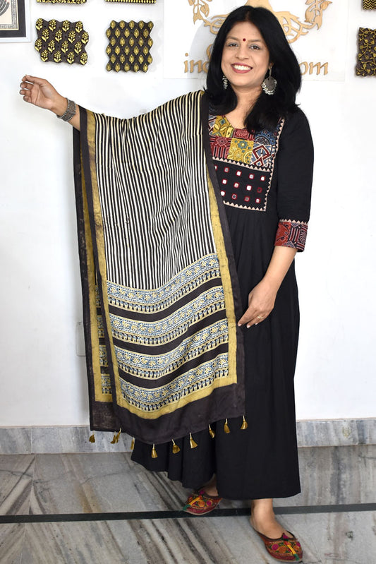 Beautiful Hand Block Printed Ajrakh Modal Silk stole with Tassels