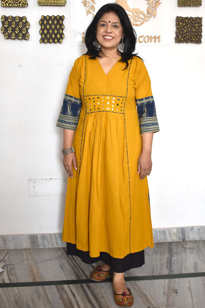 Designer Hand Block Printed Ajrakh cotton Kurta With Mirror Work - Size 40 to 48 ( all sizes)