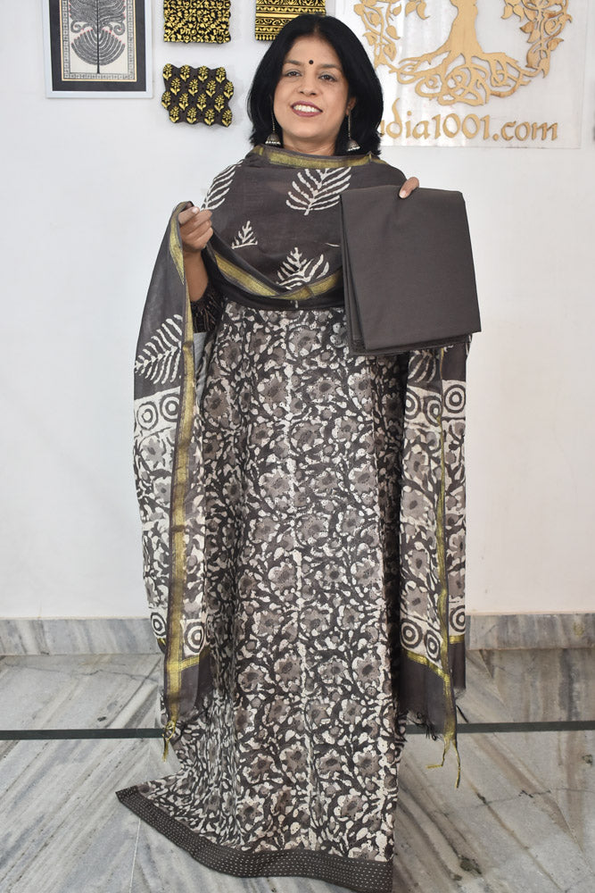 Elegant Hand Block print cotton suit with Schiffli work & Chanderi dupatta